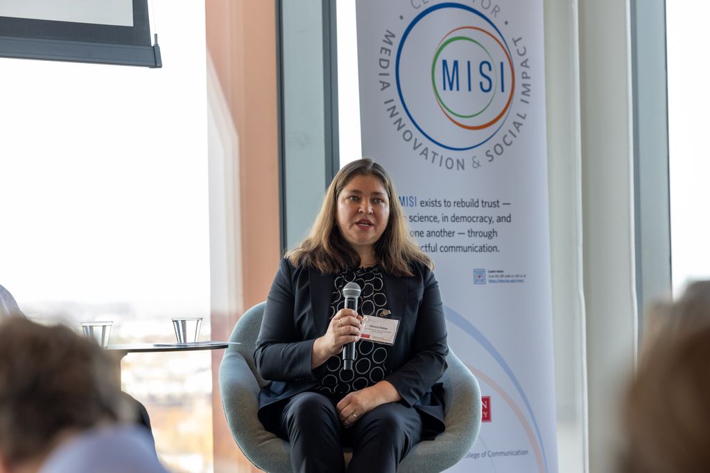 Patricia Fabian, associate professor in the Department of Environmental Health at SPH, speaks during the inaugural Media Innovation & Social Impact Summit on communicating climate. PHOTO: DEREK PALMER