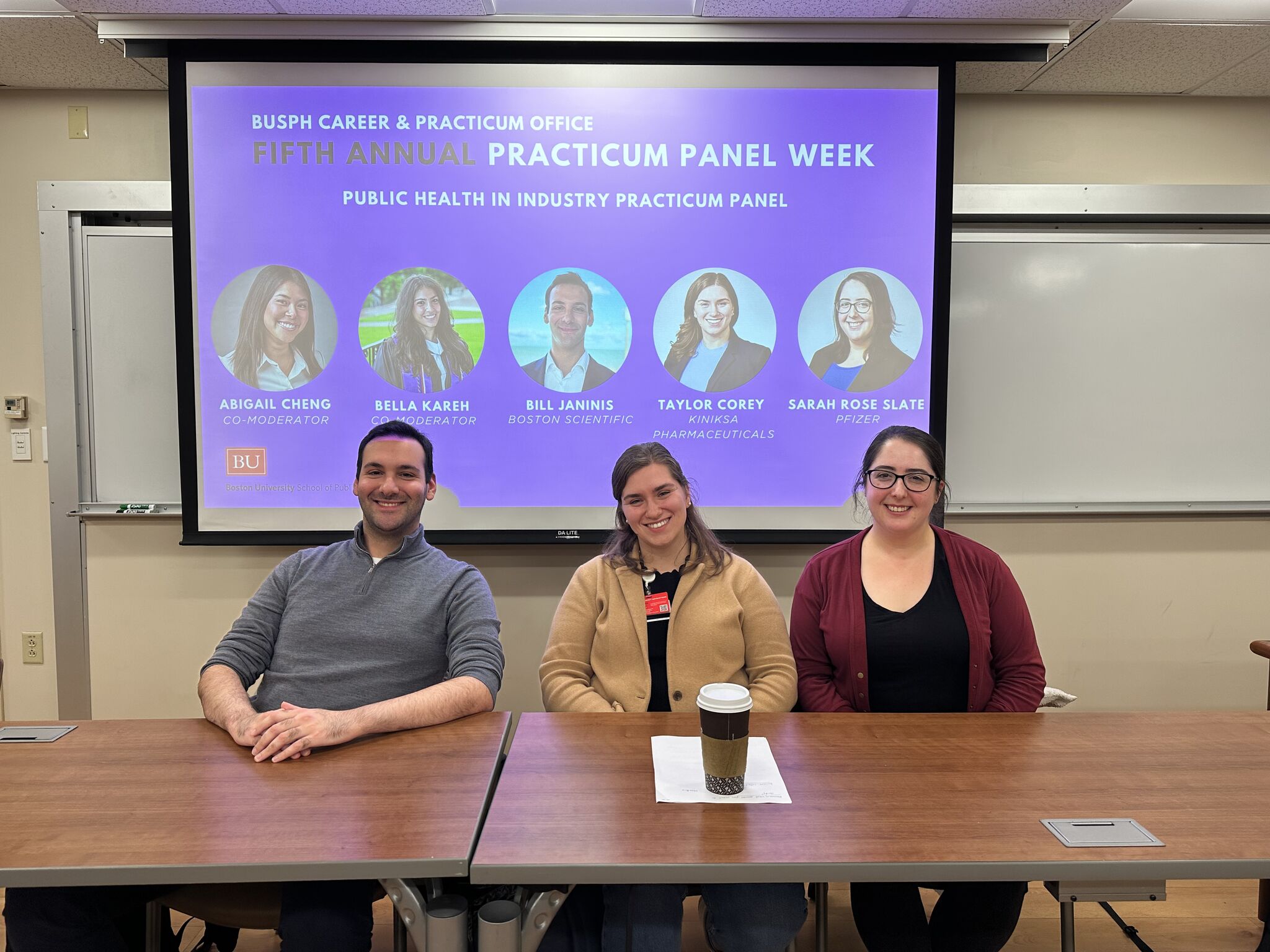 A panel on practicums in industry during the School of Public Health's fifth annual practicum week. The panelists and their practicum organizations, from left: Bill Janinis, Boston Scientific; Taylor Corey, Kiniksa Pharmaceuticals; and Sarah Rose Slate, Pfizer. Photo courtesy of Bill Janinis.