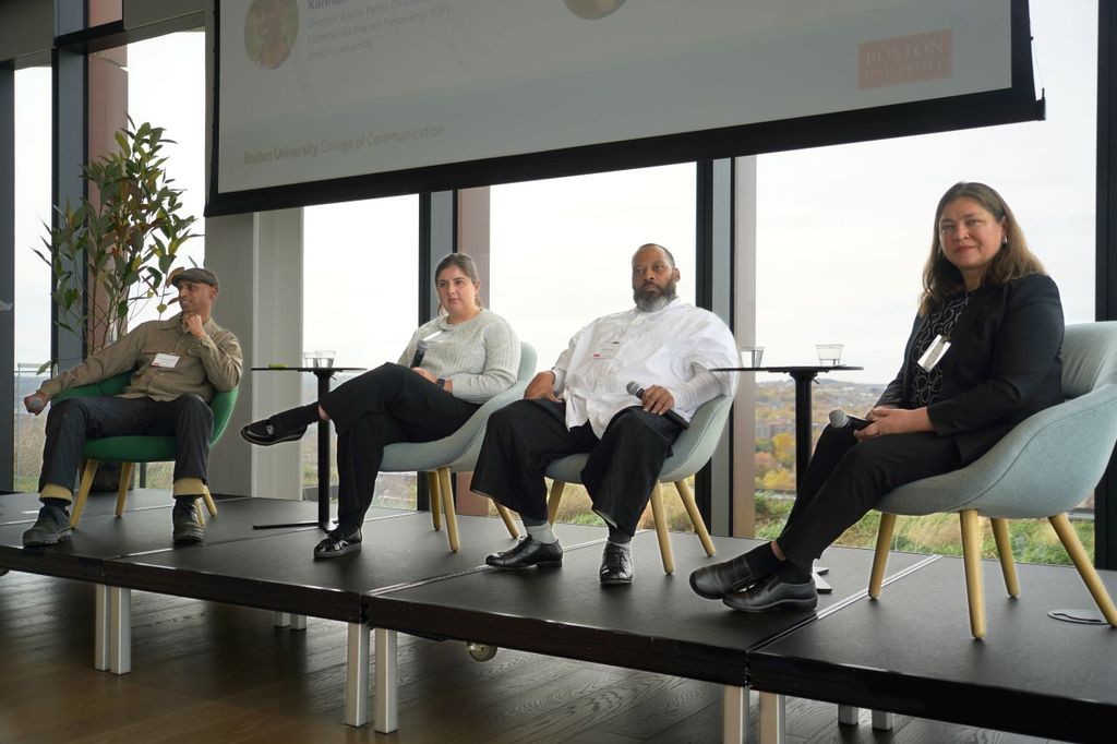 From left to right: Kannan Thiruvengadam, director of Eastie Farm, co-director of the Community Impact Fellowship at BU, and panel moderator; Barbara Espinosa Barrera (SPH'23), environmental justice & health equity organizer at GreenRoots; and Patricia Fabian, associate professor in the Department of Environmental Health at SPH. PHOTO: DEREK PALMER