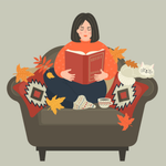Autumn mood. Woman reads book sitting in cozy armchair at home.