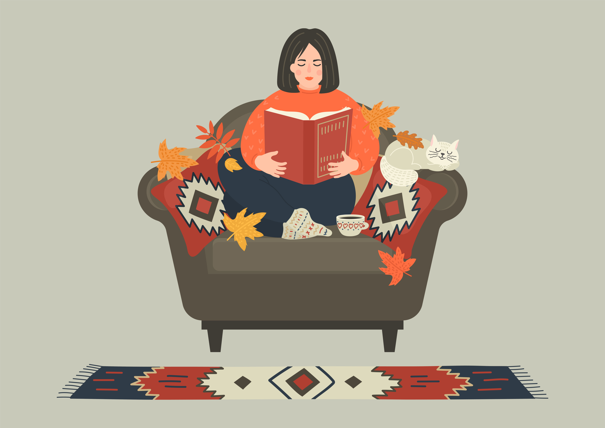 Autumn mood. Woman reads book sitting in cozy armchair at home.