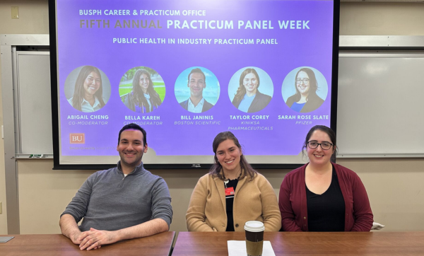 A panel on practicums in industry during the School of Public Health's fifth annual practicum week. The panelists and their practicum organizations, from left: Bill Janinis, Boston Scientific; Taylor Corey, Kiniksa Pharmaceuticals; and Sarah Rose Slate, Pfizer. Photo courtesy of Bill Janinis.
