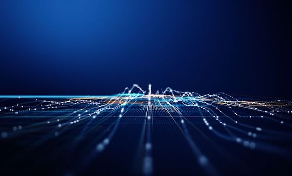 Abstract 3D digital grid with dynamic data lines and glowing dots, representing big data processing, analytics, machine learning, and futuristic technology visualization.