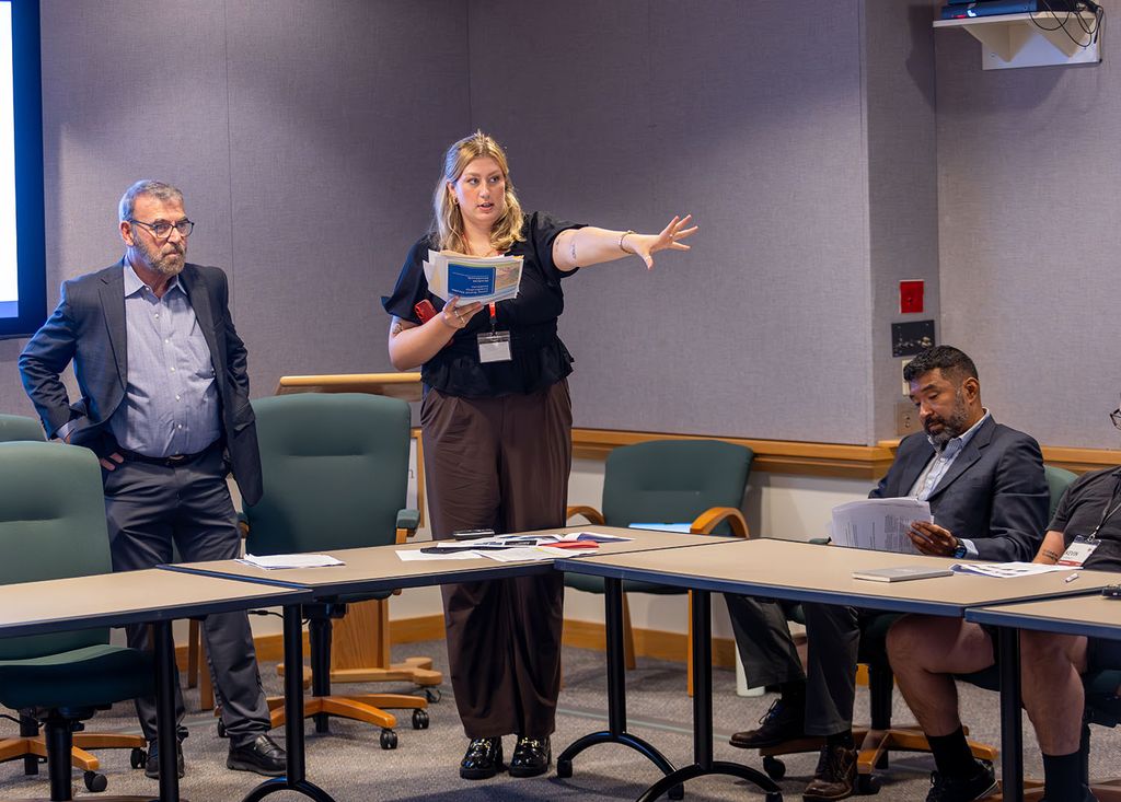 Lindsey Kastner (SPH'25), former program assistant for the both the New England Public Health Training Center and the Local Public Health Institute of Massachusetts, address 2025 RHLI participants. Photo: Lars Blackmore