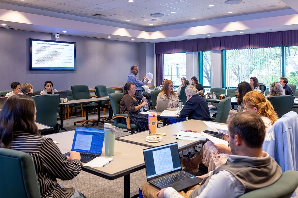 Daniel Merrigan addresses the 2025 cohort of RHLI participants in person during NERHA's 2025 Rural Health Student Summit at Dartmouth Hitchcock Medical Center. Photo: Lars Blackmore