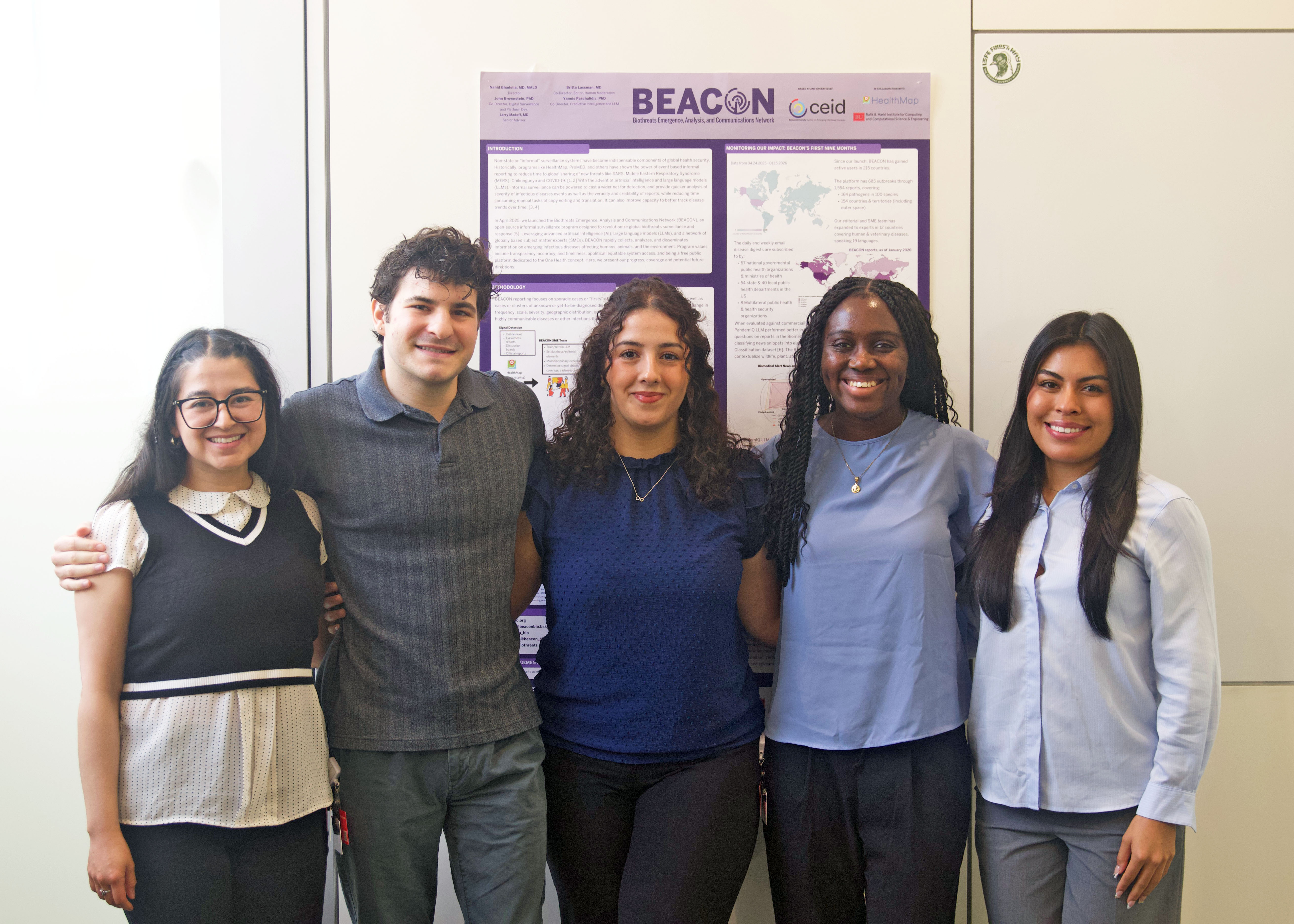 The SPH-sponsored FIFA World Cup practicum students on their first day at the BU CEID office. From left: Alma Nieto, MacClement Guthrie, Melissa Mezieche, Dierdre Otoo, and Julianna Reyes. Photo: Megan Jones