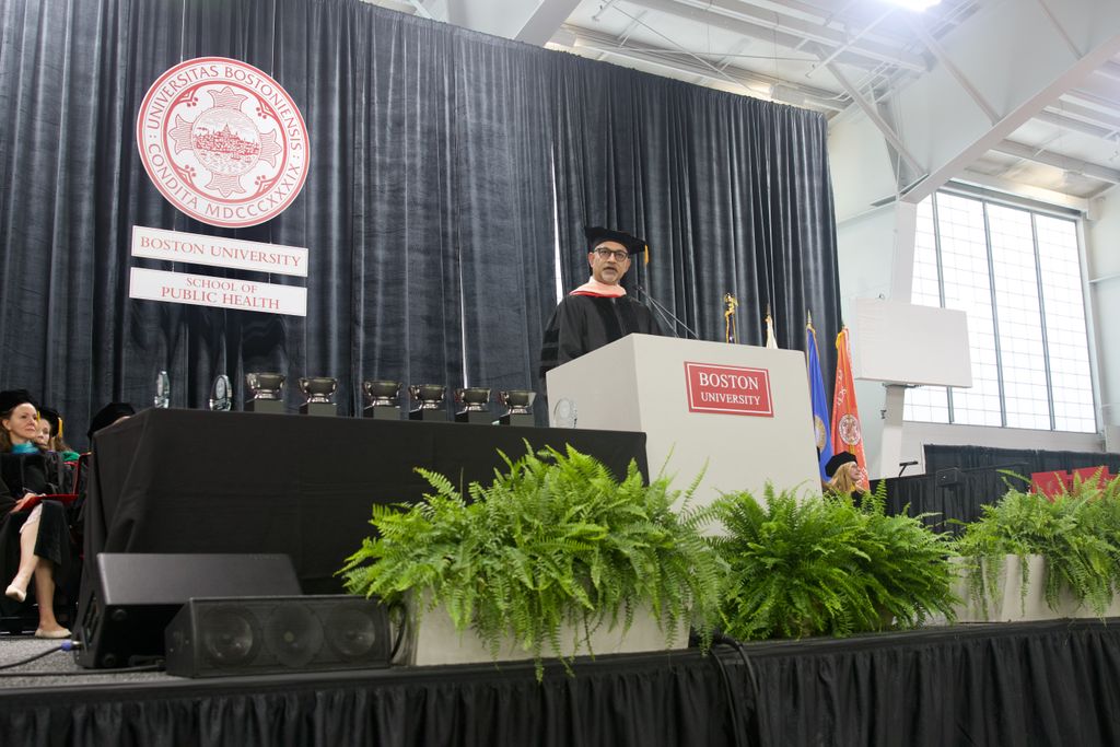Alum speaker Ali Noorani addresses graduates at SPH Convocation on May 16. Photo: Megan Jones