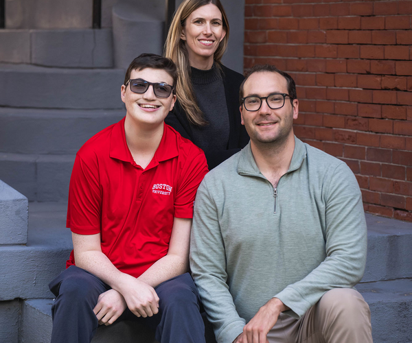 SPH Associate Professor of Epidemiology, Eric Rubenstein (right) Dan O'Donnell and lab manager Ashley Scott pose for a photo on October 23, 2025. His lab researches people with Down syndrome and other intellectual disabilities. Photo by Jackie Ricciardi for Boston University
