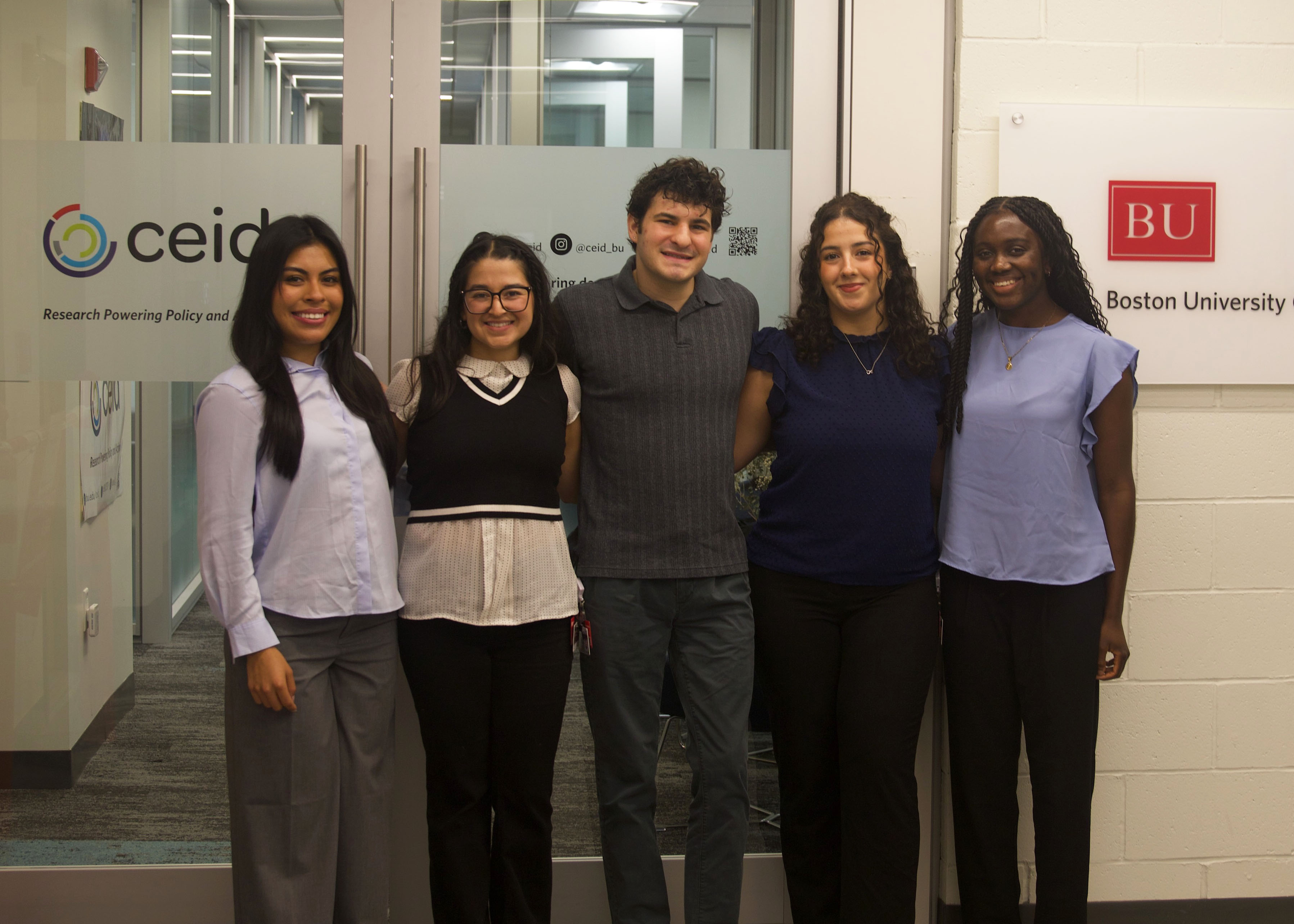 The SPH-sponsored FIFA World Cup practicum students on their first day at the CEID office (from left: Julianna Reyes, Alma Nieto, MacClement Guthrie, Melissa Mezieche, and Deirdre Otoo). Photo: Megan Jones