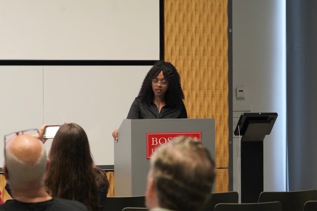 Feven Lencha, MPH student and IGS fellow, presenting summer 2026. Photo: Alexa Kwon, BU Institute for Global Sustainability