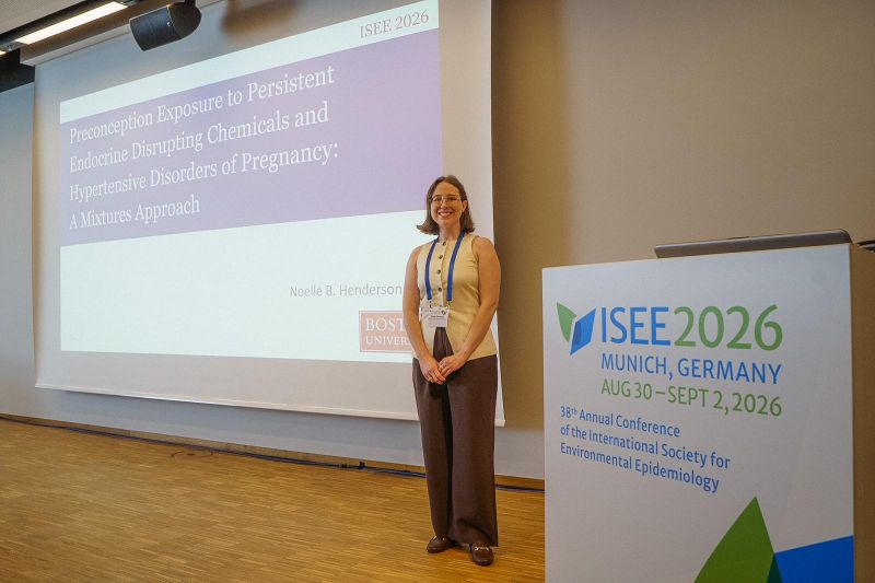 Noelle Henderson, an EH PhD student, presents her novel research on multi-chemical exposures and reproductive perinatal outcomes at ISEE 2026 in Munich, Germany. Photo courtesy of the EH department.