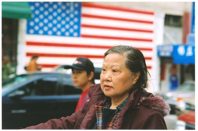American flag with Asian woman