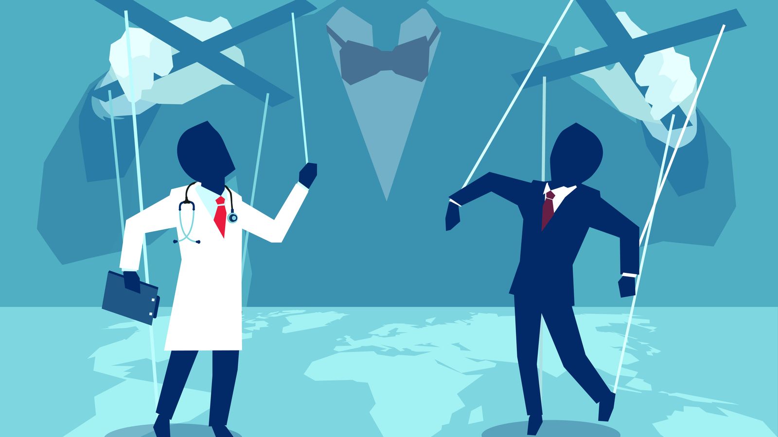 Vector concept flat style illustration of a person manipulating doctor and insurance agent behind the scenes.