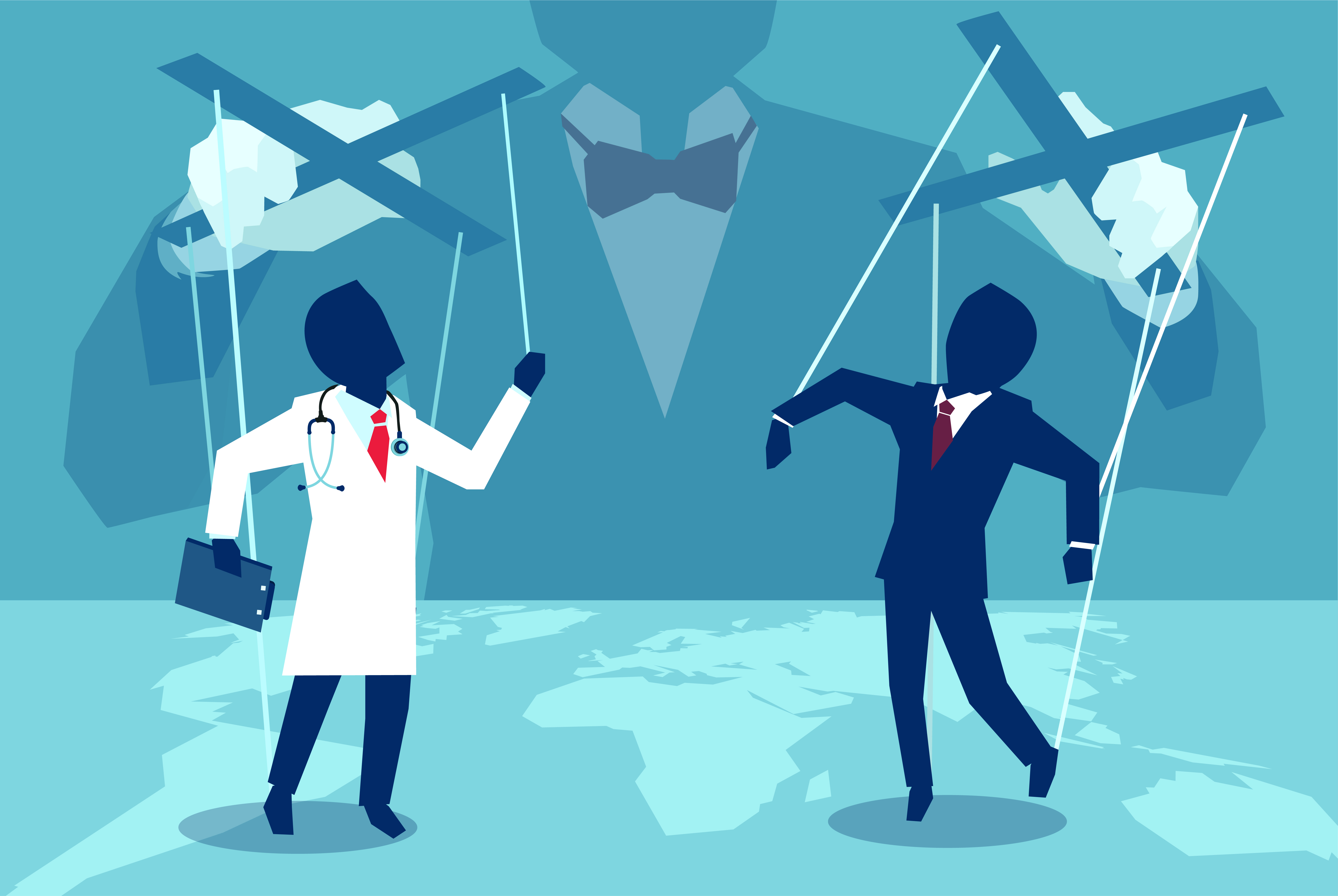 Vector concept flat style illustration of a person manipulating doctor and insurance agent behind the scenes.