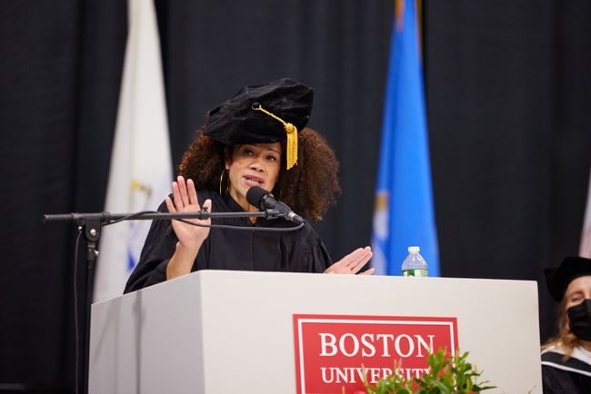 Commencement Speaker Julia Mejia speaks from the podium