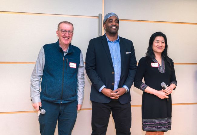 Ian Mashiter, Phil Reason (SSW’21, SPH’22) and Li Liang pose for a photo at Innovate@BU's New Venture Competition.
