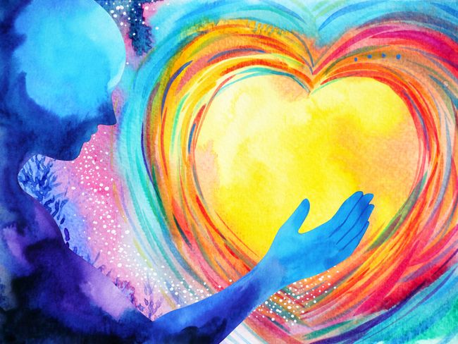 Watercolor illustration of blue figure and heart with color radiating outward
