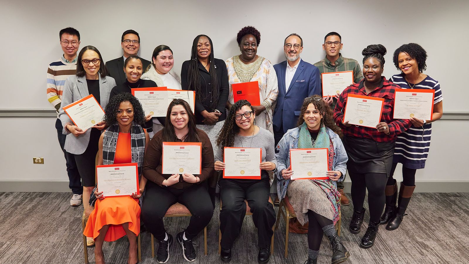 BRIDGE and MSW Pathway program graduates with directors Dean Delva, Prof. Lombe and Claudio Martinez