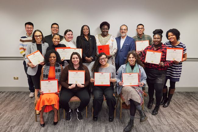 BRIDGE and MSW Pathway program graduates with directors Dean Delva, Prof. Lombe and Claudio Martinez