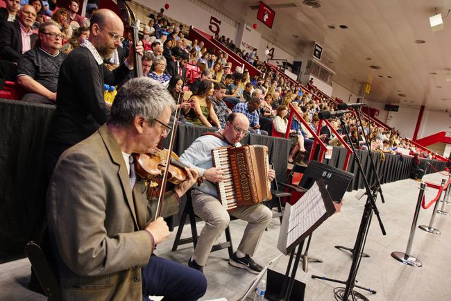 Musicians play instruments in front of guests
