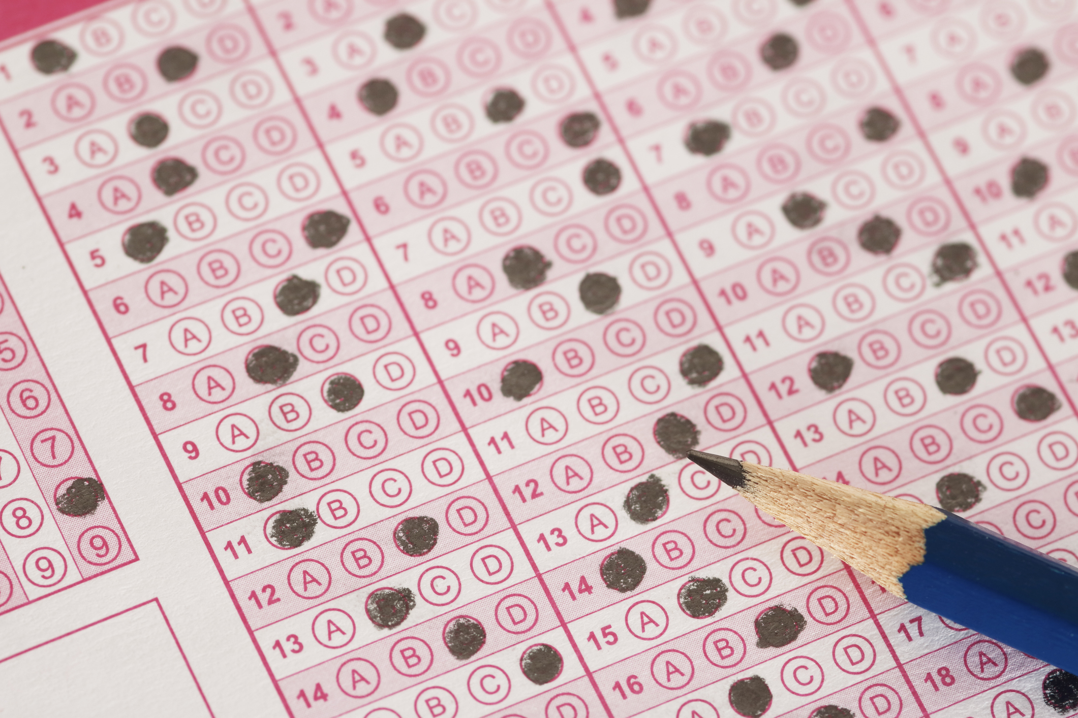 Multiple choice test with pencil and bubbles filled in