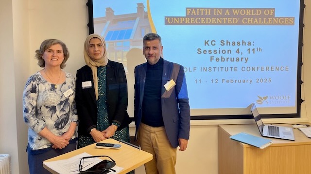 BUSSW Professor Mary E. Collins, PhD (left) with Naz Asghar, UK Project Manager for Action for Humanity, and session chair Jehangir Malik, OBE at the 2025 Woolf Institute Conference.