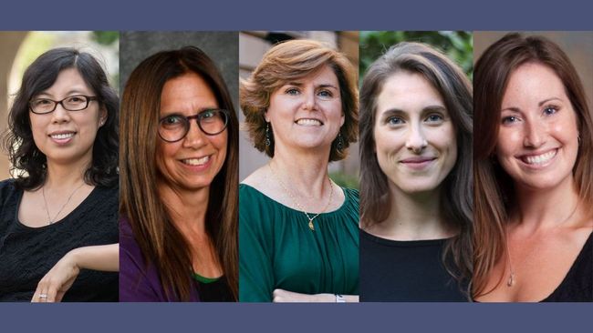 heashots of Profs. Yoonsook Ha, Pamela Joshi, and Mary Collins, Postdoctoral Researcher Julie Nicholson, and Research Scientist Kate Giapponi Schneider