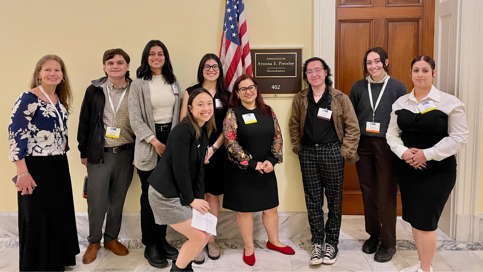 Sofia Vargas (3rd from left) and Matteo Montero-Murillo (3rd from right) with other CSWE fellows outside of Rep. Ayanna Pressley's office on Capitol Hill (Courtesy of Sofia Vargas)