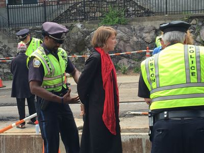 Lindsay Popper (STH '15) arrested during West Roxbury Pipeline Direction Action.