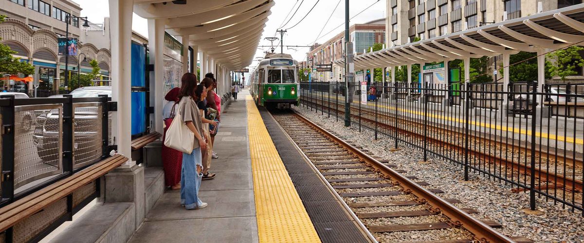 A Green Line train arriving to pick up BU students at the Amory Street T stop