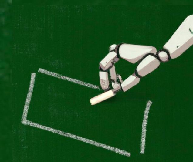 Robotic hand drawing with chalk on green board
