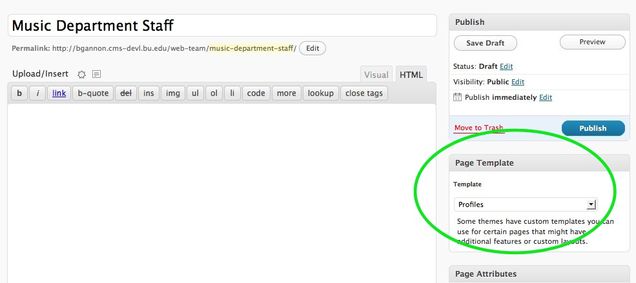 Showing the location of the page template box in the Edit Page admin screen.
