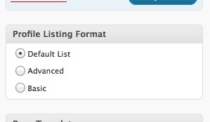 Box for selecting the format of the profile listing displayed by the Profiles page template.