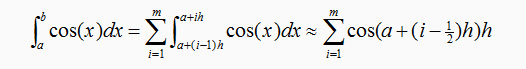 Shows a for-loop code block for integration. The formula shows how to calculate the increment, h, using the equation h = (b - a)/m, where a and b represent the lower and upper limits of integration, and m is the number of increments.