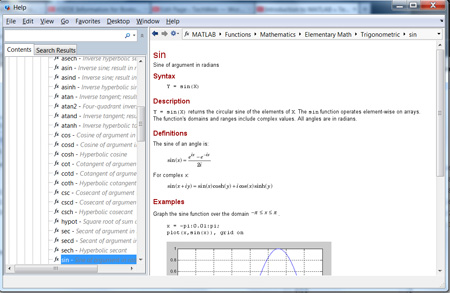 New document window that has two columns with content on sin. Left column displays Search results and Contents tab with 'fx' functions. Right column shows description, example, and definition of sin.