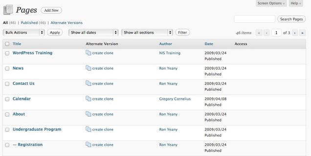 pages-alt-versions-column Pages table, with additional Alternate Versions column