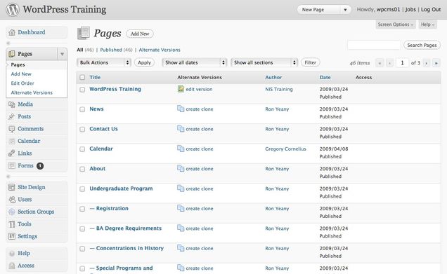 training-table-with-alt-home Pages table with alternate version of home page — WordPress Training