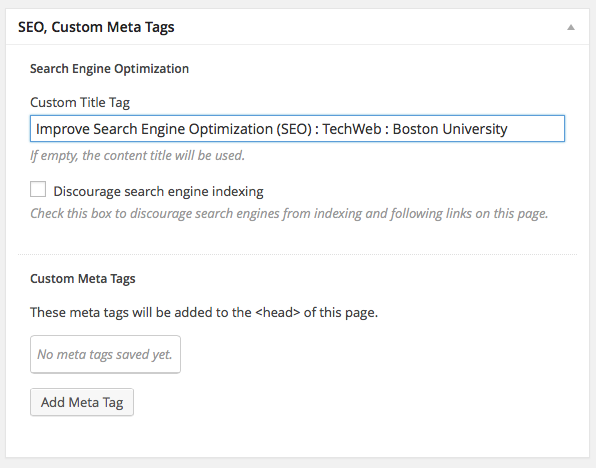 Screenshot of SEO, Custom Meta Tags dialog box with data entered in Custom Title Tag or Custom Meta Tags