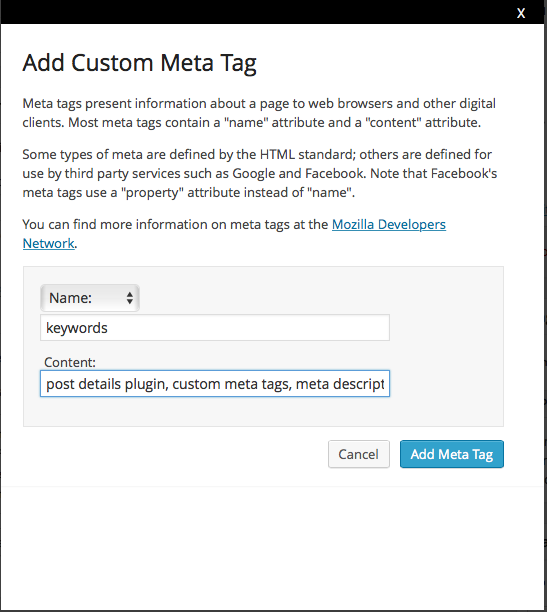 Screenshot of Edit Custom Meta Tag dialog box with "Name: keywords" and sample content. 