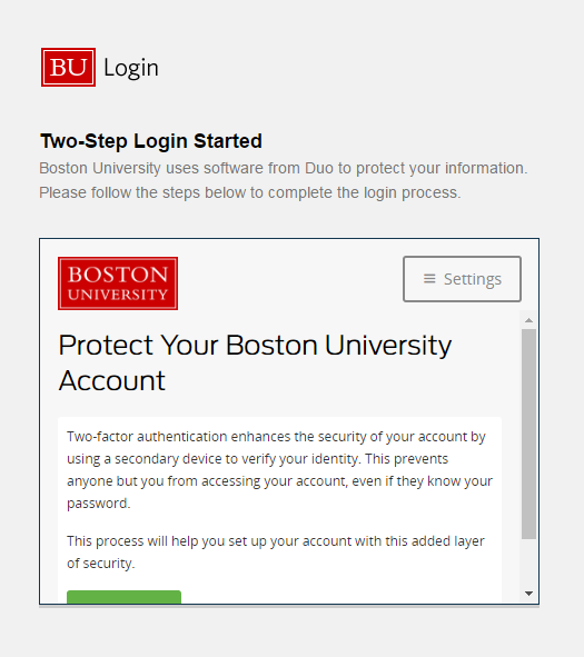 Grey window prompting device enrollment as second factor for two-factor authentication, with settings button in top left corner.
