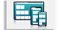 A stack of devices, consisting of a laptop, a tablet, and a smartphone, each displaying multiple open windows against a soothing blue background.