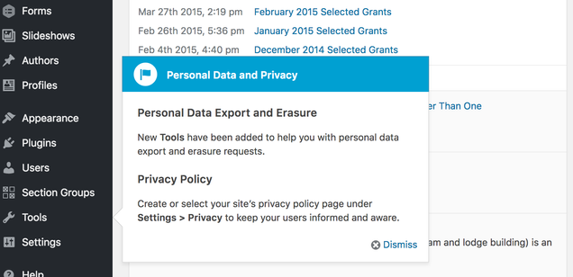 onscreen alert highlighting new privacy options in WordPress