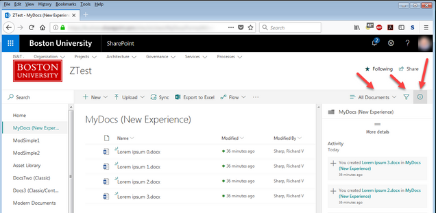Sort your documents , on SharePoint Document Library's interface, using the right side panel. The top right panel has a menu with "All Documents," a downward triangle for sorting, and a clock icon for time.