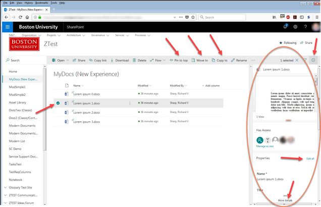SharePoint Document Library's New Experience presents an information panel for a single file, along with added buttons for "Pin to top," "Move to," and "Copy to" from the top toolbar.