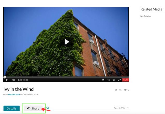 Once you find the video you would like to embed, click the Share button. The Share button is next to Details button. Note: You will not see a Share button if you are not logged into MyMedia with Kerberos or the account does not have permission to share video.