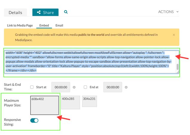 For responsive videos, select the largest Maximum Player Size 608x402 and slide the Responsive Sizing button from off to on. Copy the embed code from the box to paste into your WordPress site.