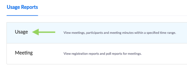 Zoom reports list with Usage item highlighted
