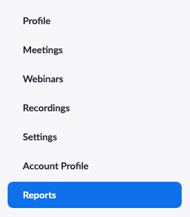 Zoom web console sidebar with Reports highlighted