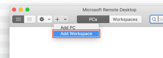 Remote Desktop for Mac with add workspace option highlighted