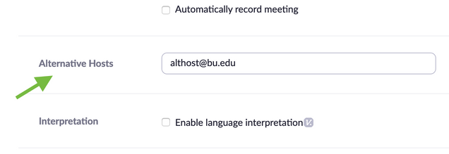 Screenshot of Zoom website alternative hosts field